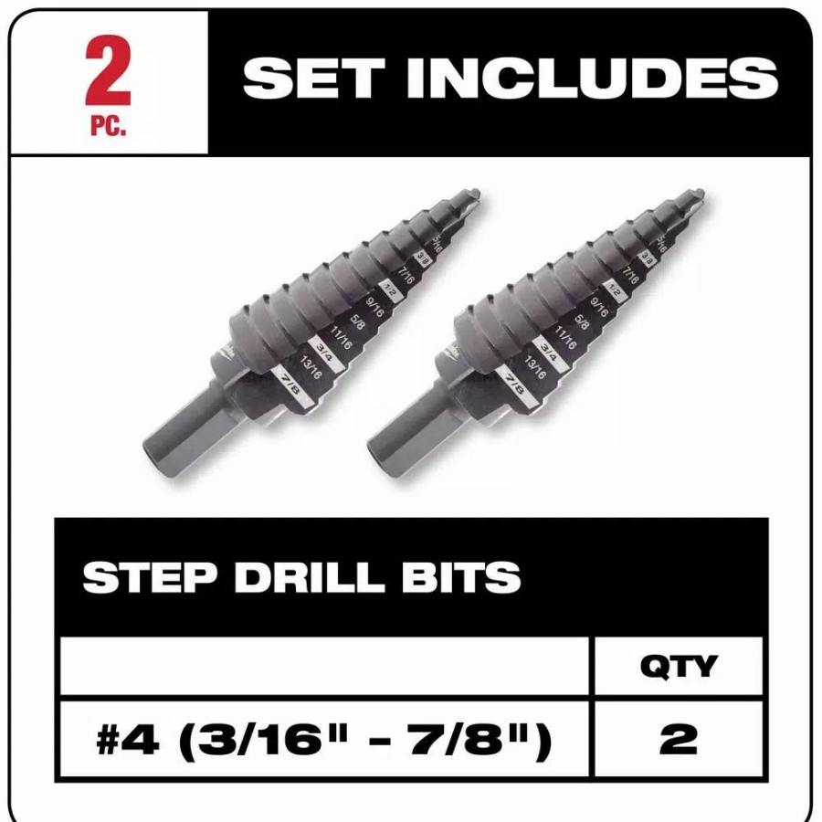 Drill Bits * | Milwaukee 3/16 In. 7/8 In. X 1/16 In. #4 Step Drill Bit (2 Pack)