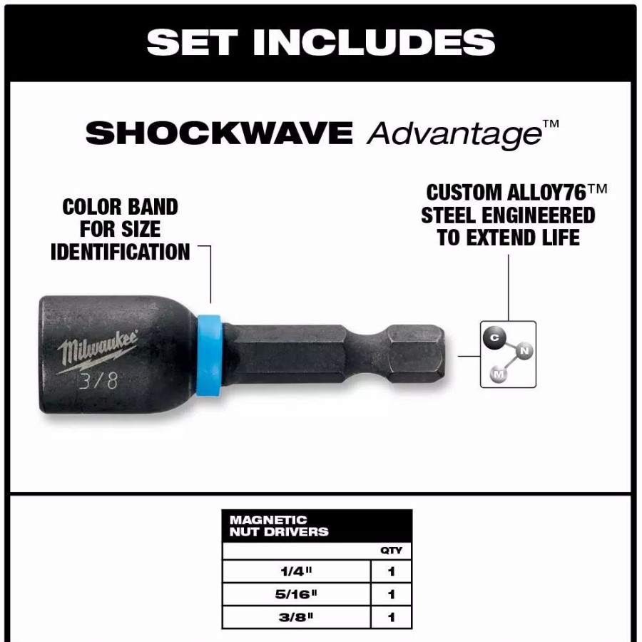 Drill Bits * | Milwaukee 1/4 In. 5/16 In. 3/8 In. X 1-7/8 In. Shockwave Impact Duty Magnetic Nut Driver Set (3-Piece)